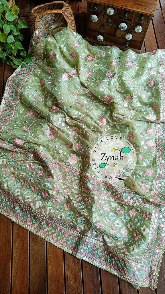 Zynah Pure Organza Silk Saree with Gotapatti Lace, Foil & Thread Embroidery Work; Custom Stitched/Ready-made Blouse, Fall, Petticoat; Shipping available USA, Worldwide