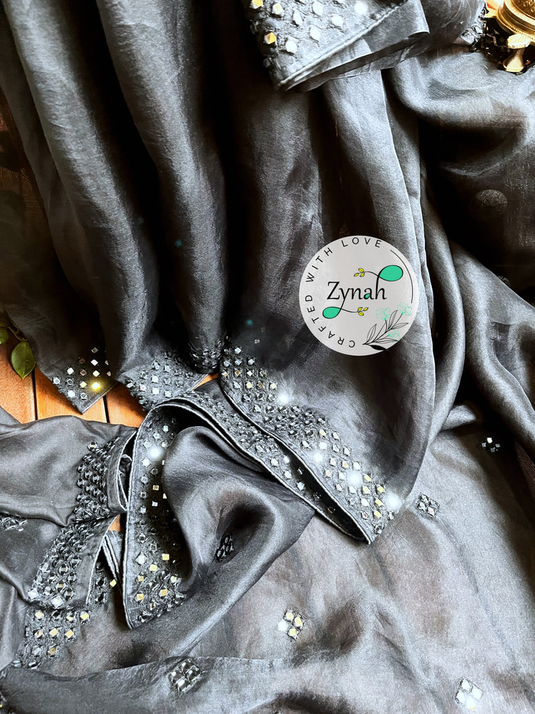 Zynah Pure Organza Silk Saree with Mirror Kutchi Work; Custom Stitched/Ready-made Blouse, Fall, Petticoat; Shipping available USA, Worldwide