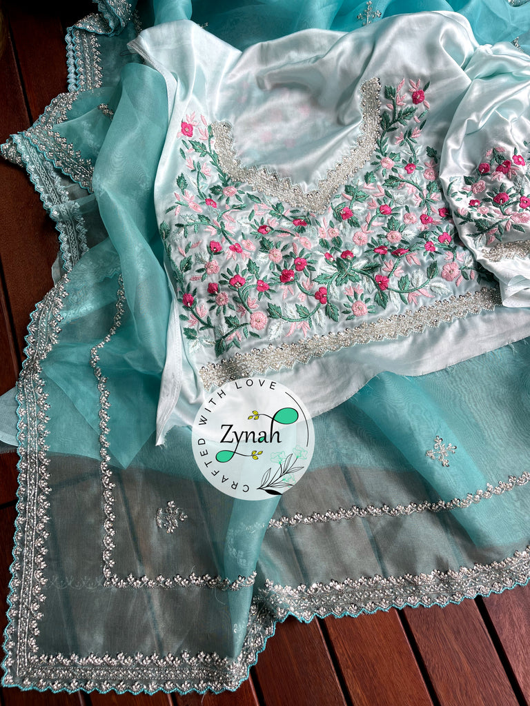 Zynah Light Blue Color Pure Organza Silk Saree with Sequence, Pearls & Cut-dana Work; Custom Stitched/Ready-made Blouse, Fall, Petticoat; Shipping available USA, Worldwide