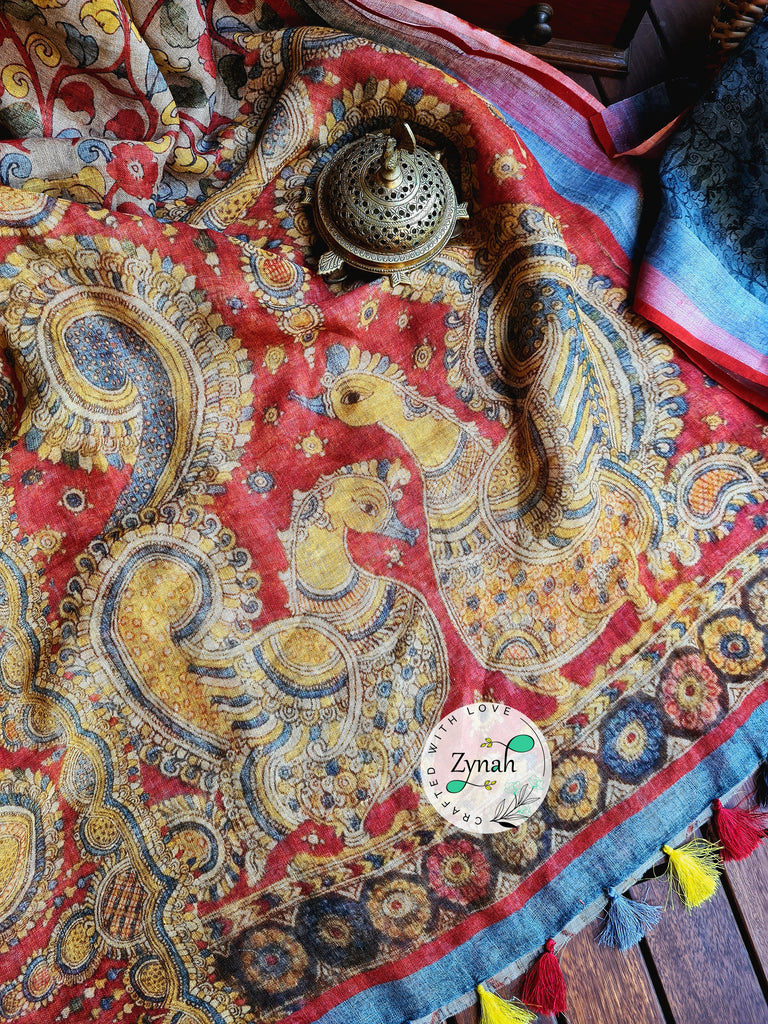 Zynah Beige Color Kalamkari Organic Lab Tested 120 Count pure 'Linen by Linen' Saree; Custom Stitched/Ready-made Blouse, Fall, Petticoat; Shipping available USA, Worldwide