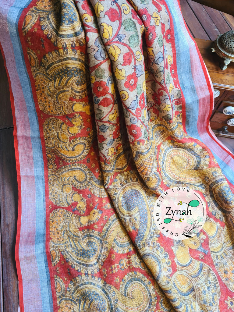 Zynah Beige Color Kalamkari Organic Lab Tested 120 Count pure 'Linen by Linen' Saree; Custom Stitched/Ready-made Blouse, Fall, Petticoat; Shipping available USA, Worldwide