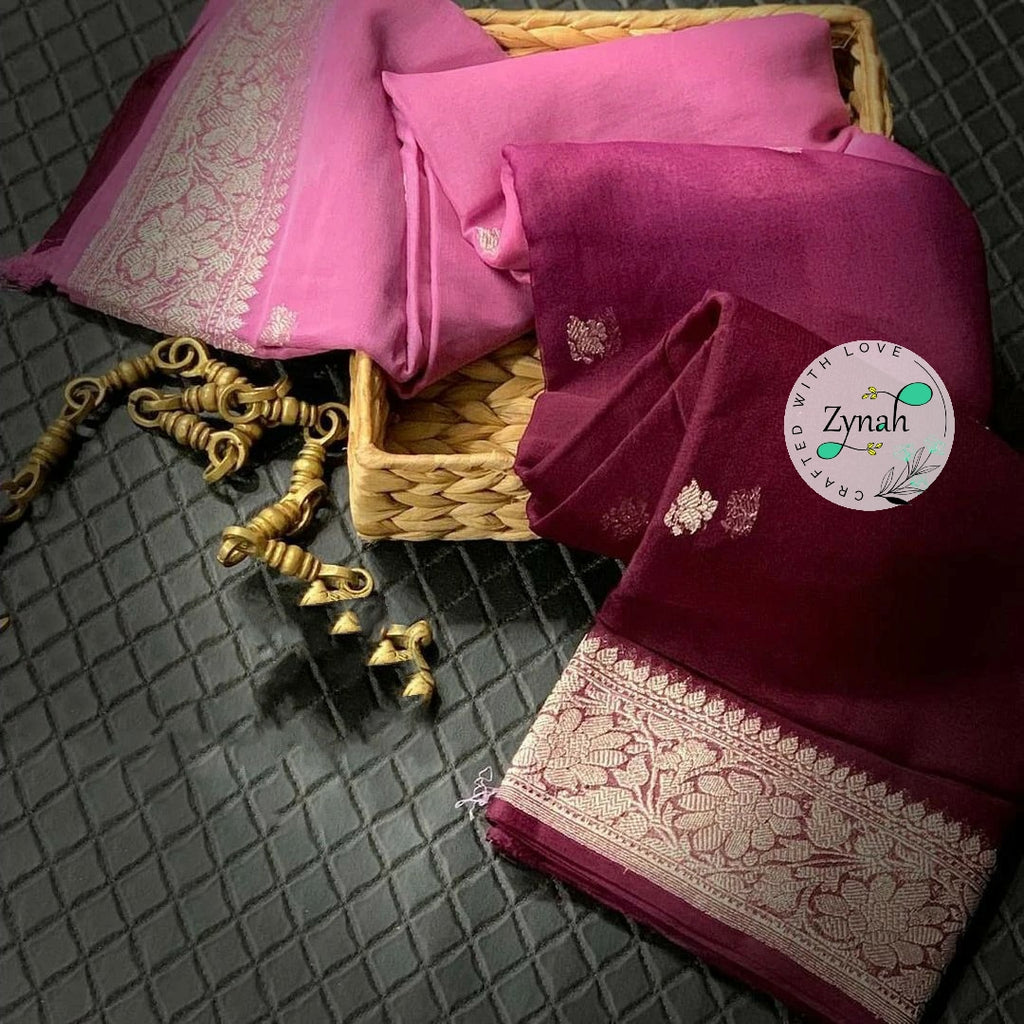 Zynah Pure Banarasi Handloom Khaddi Georgette Double-shaded Saree with Zari Weave; Custom Stitched/Ready-made Blouse, Fall, Petticoat; Shipping available USA, Worldwide