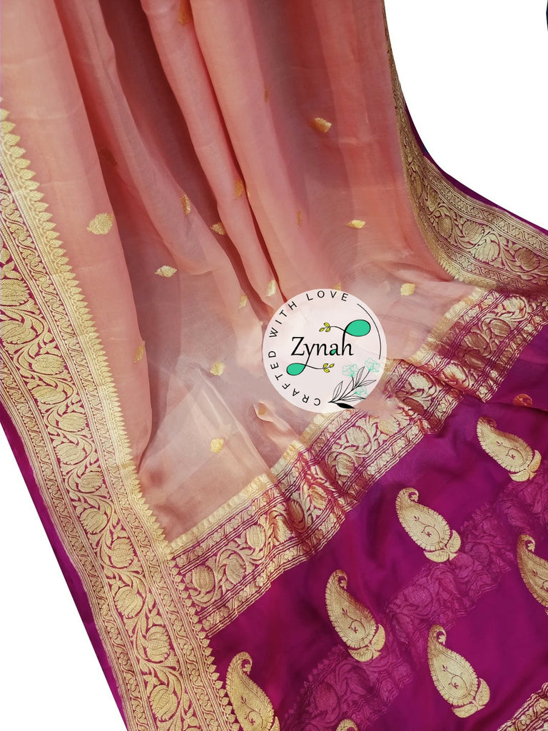 Zynah Pure Banarasi Handloom Khaddi Georgette Double-shaded Saree with Zari Weave; Custom Stitched/Ready-made Blouse, Fall, Petticoat; Shipping available USA, Worldwide