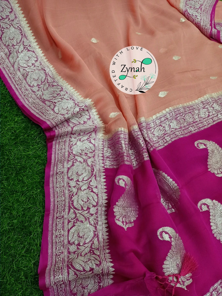 Zynah Pure Banarasi Handloom Khaddi Georgette Saree with Zari Weave; Custom Stitched/Ready-made Blouse, Fall, Petticoat; Shipping available USA, Worldwide