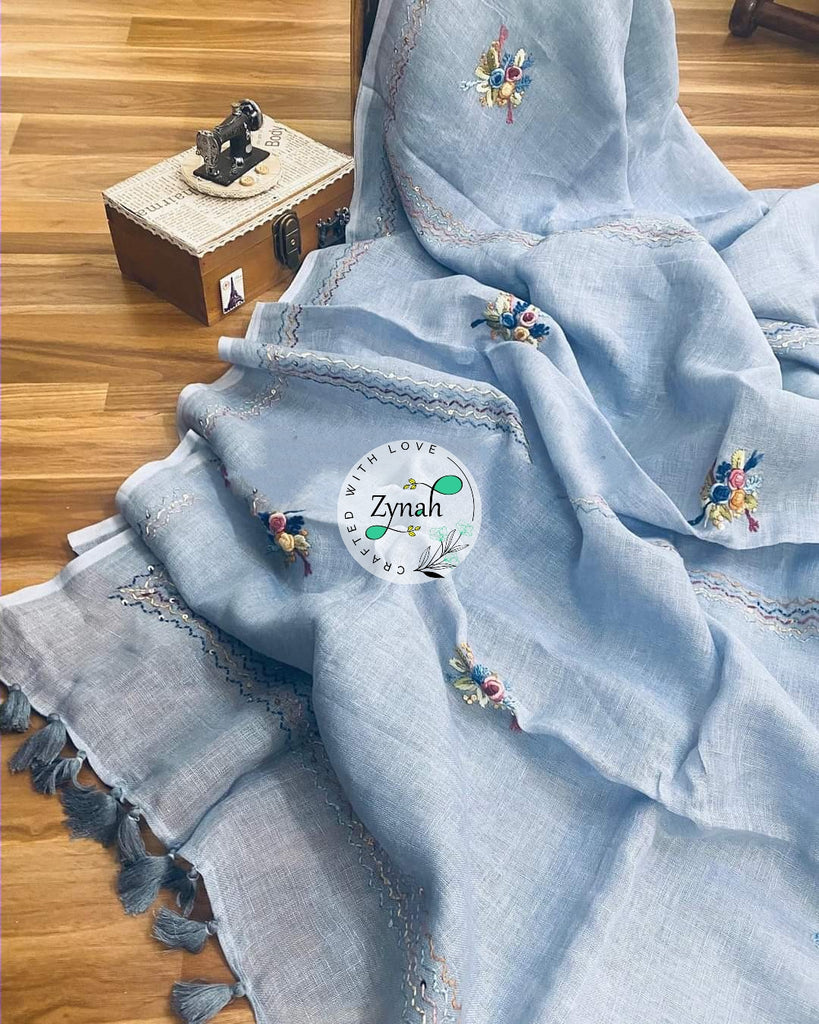 Zynah Pure Linen(120c) Handcrafted Saree with French Knot Hand Embroidery; Custom Stitched/Ready-made Blouse, Fall, Petticoat; Shipping available USA, Worldwide