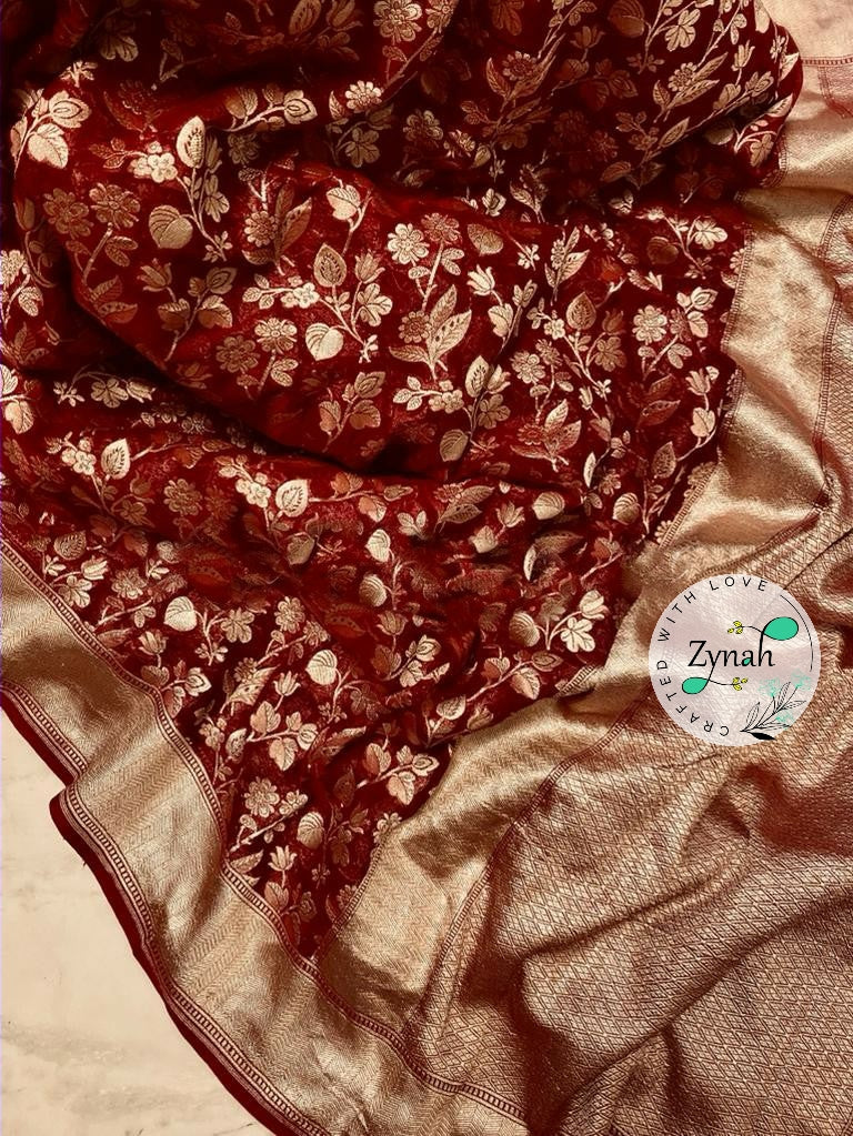 Zynah Pure Khaddi Georgette Saree with Floral Jaal; Custom Stitched/Ready-made Blouse, Fall, Petticoat; Shipping available USA, Worldwide