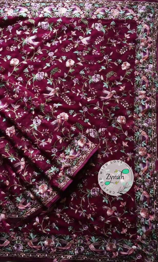 Zynah Pure Georgette Saree with Parsi Gara Inspired Embroidery; Custom Stitched/Ready-made Blouse, Fall, Petticoat; Shipping available USA, Worldwide