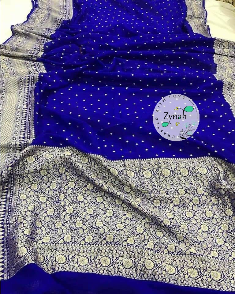 Zynah Pure Khaddi Georgette Saree with Golden Zari Weave; Custom Stitched/Ready-made Blouse, Fall, Petticoat; Shipping available USA, Worldwide