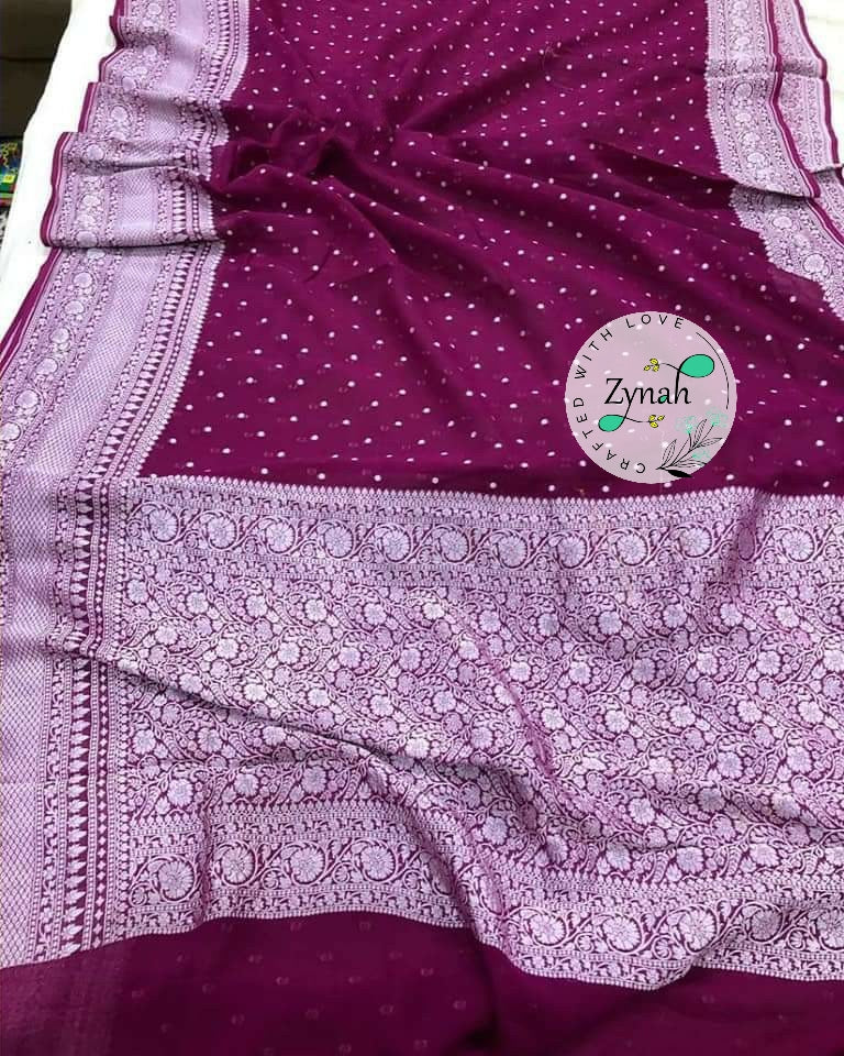 Zynah Pure Khaddi Georgette Saree with Golden Zari Weave; Custom Stitched/Ready-made Blouse, Fall, Petticoat; Shipping available USA, Worldwide