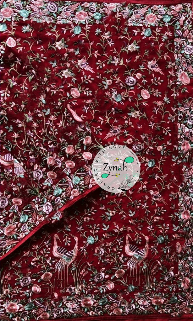 Zynah Pure Georgette Parsi Gara Inspired Embroidery Saree; Custom Stitched/Ready-made Blouse, Fall, Petticoat; Shipping available USA, Worldwide