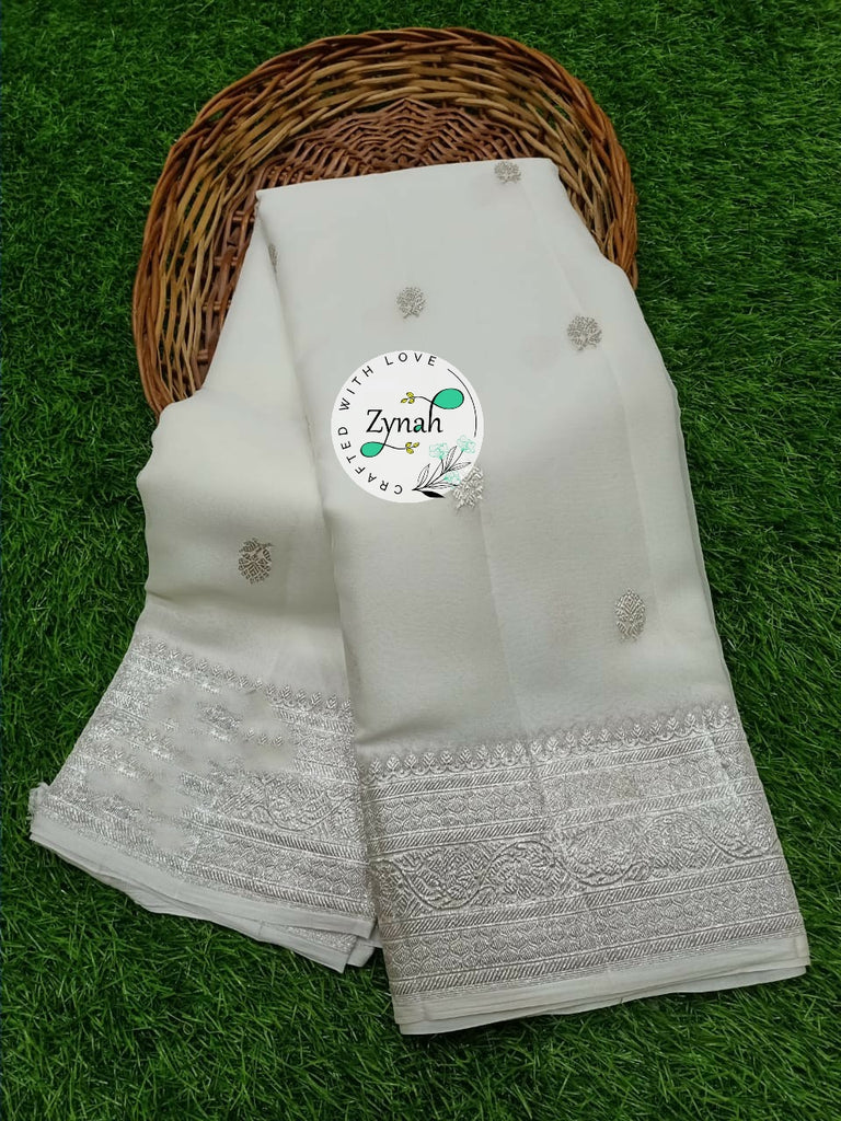 Zynah Pure Banarasi Handloom Khaddi Georgette Saree with Zari Border & Butis; Custom Stitched/Ready-made Blouse, Fall, Petticoat; Shipping available USA, Worldwide