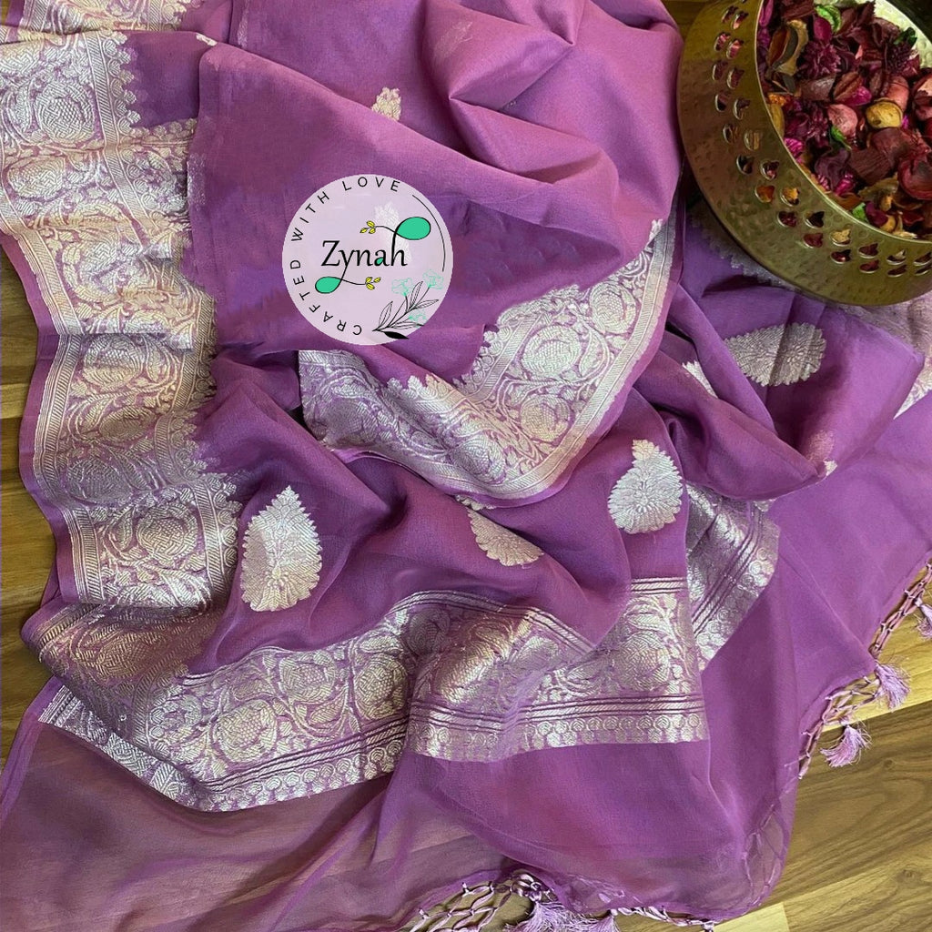 Zynah Pure Banarasi Handloom Khaddi Georgette Saree with Zari Border & Butis; Custom Stitched/Ready-made Blouse, Fall, Petticoat; Shipping available USA, Worldwide