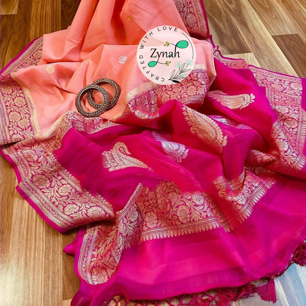 Zynah Pure Banarasi Handloom Khaddi Georgette Saree with Zari Weave; Custom Stitched/Ready-made Blouse, Fall, Petticoat; Shipping available USA, Worldwide