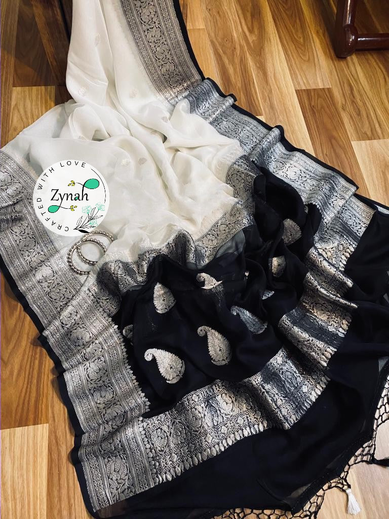 Zynah White & Black Color Pure Banarasi Handloom Khaddi Georgette Saree with Zari Border & Butis; Custom Stitched/Ready-made Blouse, Fall, Petticoat; Shipping available USA, Worldwide