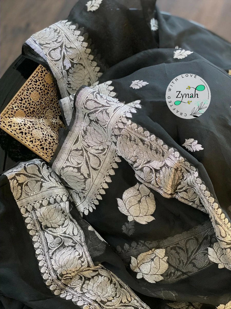 Zynah Pure Banarasi Handloom Khaddi Georgette Saree with Zari Border & Butis; Custom Stitched/Ready-made Blouse, Fall, Petticoat; Shipping available USA, Worldwide