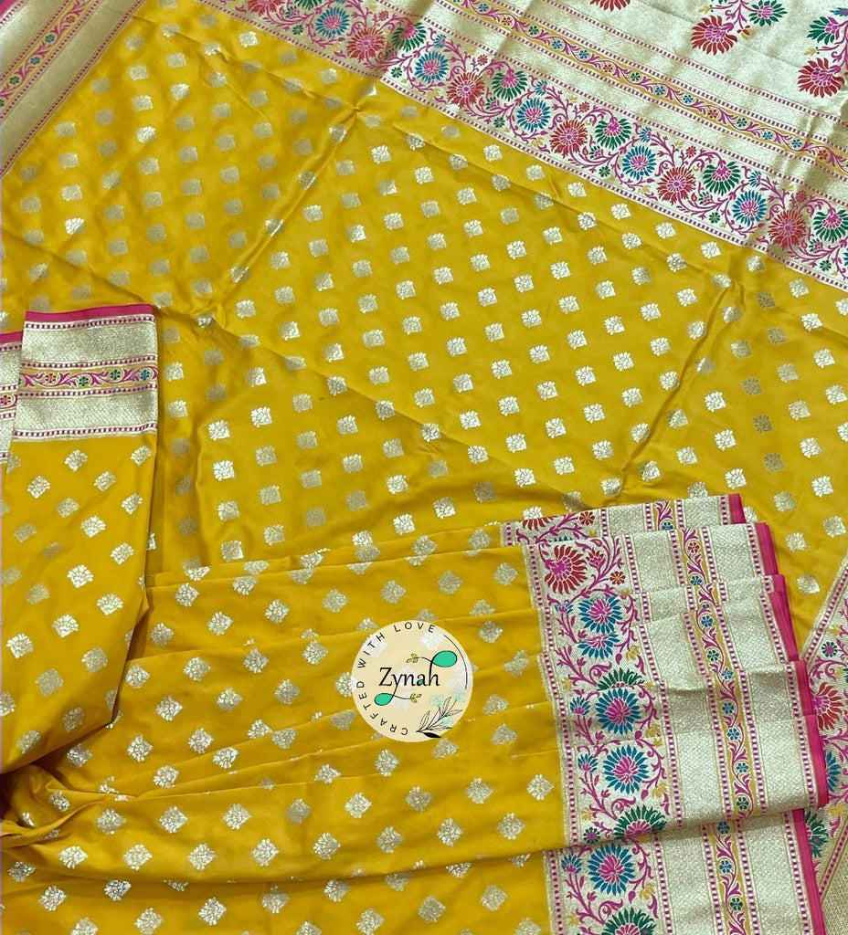 Zynah Pure Banarasi Soft Silk Meenakari Saree; Custom Stitched/Ready-made Blouse, Fall, Petticoat; Shipping available USA, Worldwide