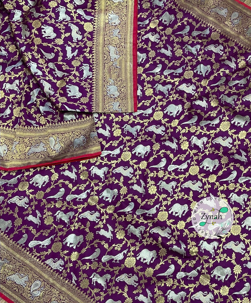 Zynah Pure Banarasi Soft Silk Saree with Shikargah Design; Custom Stitched/Ready-made Blouse, Fall, Petticoat; Shipping available USA, Worldwide