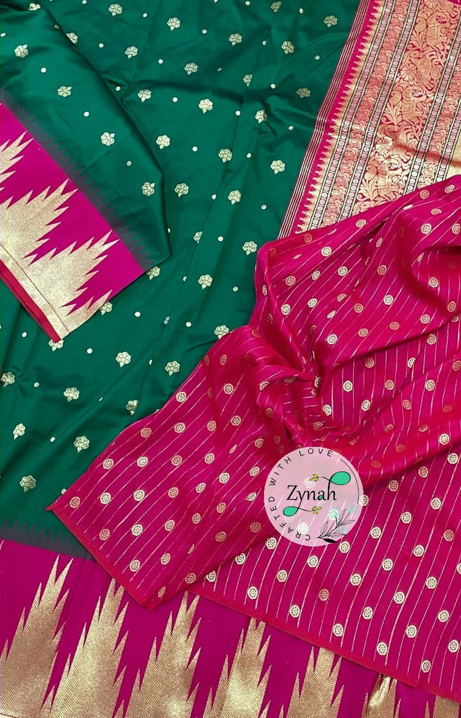 Zynah Pure Banarasi Soft Silk Saree with Temple Design Border; Custom Stitched/Ready-made Blouse, Fall, Petticoat; Shipping available USA, Worldwide