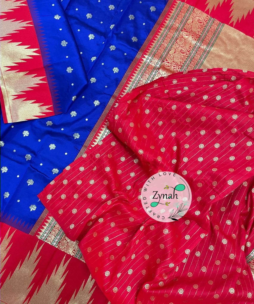 Zynah Pure Banarasi Soft Silk Saree with Temple Design Border; Custom Stitched/Ready-made Blouse, Fall, Petticoat; Shipping available USA, Worldwide