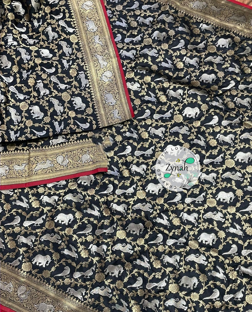 Zynah Pure Banarasi Soft Silk Saree with Shikargah Design; Custom Stitched/Ready-made Blouse, Fall, Petticoat; Shipping available USA, Worldwide