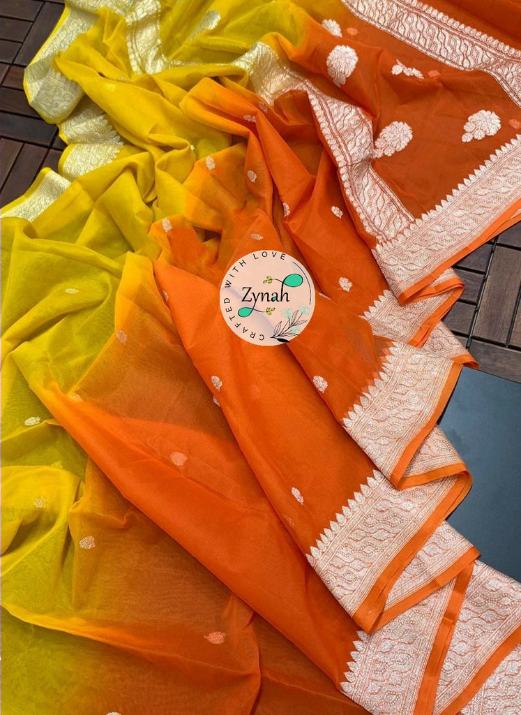 Zynah Pure Banarasi Handloom Khaddi Georgette Double-shaded Saree with Zari Weave; Custom Stitched/Ready-made Blouse, Fall, Petticoat; Shipping available USA, Worldwide
