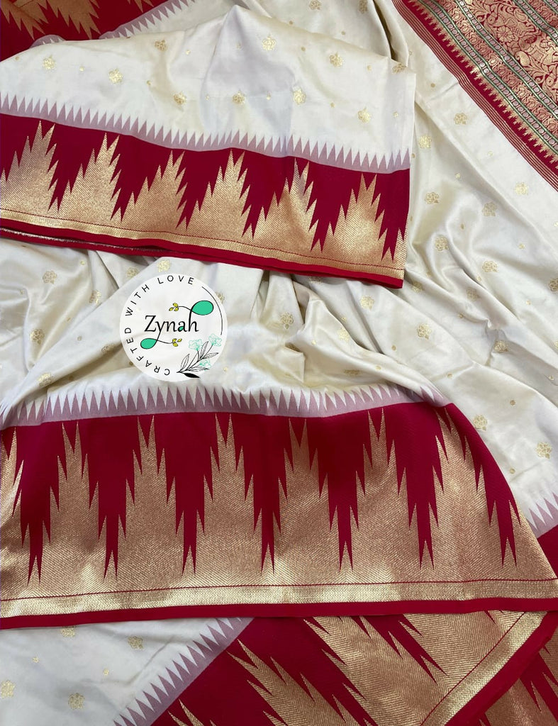 Zynah Pure Banarasi Soft Silk Saree with Temple Design Border; Custom Stitched/Ready-made Blouse, Fall, Petticoat; Shipping available USA, Worldwide