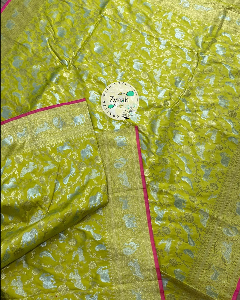 Zynah Pure Banarasi Soft Silk Saree with Shikargah Design; Custom Stitched/Ready-made Blouse, Fall, Petticoat; Shipping available USA, Worldwide