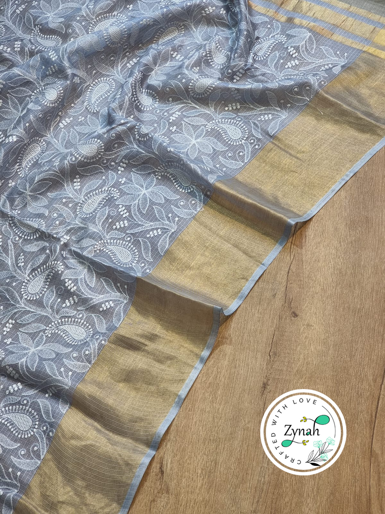 Zynah Blue Color Pure Tussar Kota Silk Saree with Heavy Chikankari Embroidery With Double Ghiccha Pallu and Heavy Tassels; Custom Stitched/Ready-made Blouse, Fall, Petticoat; Shipping available USA, Worldwide