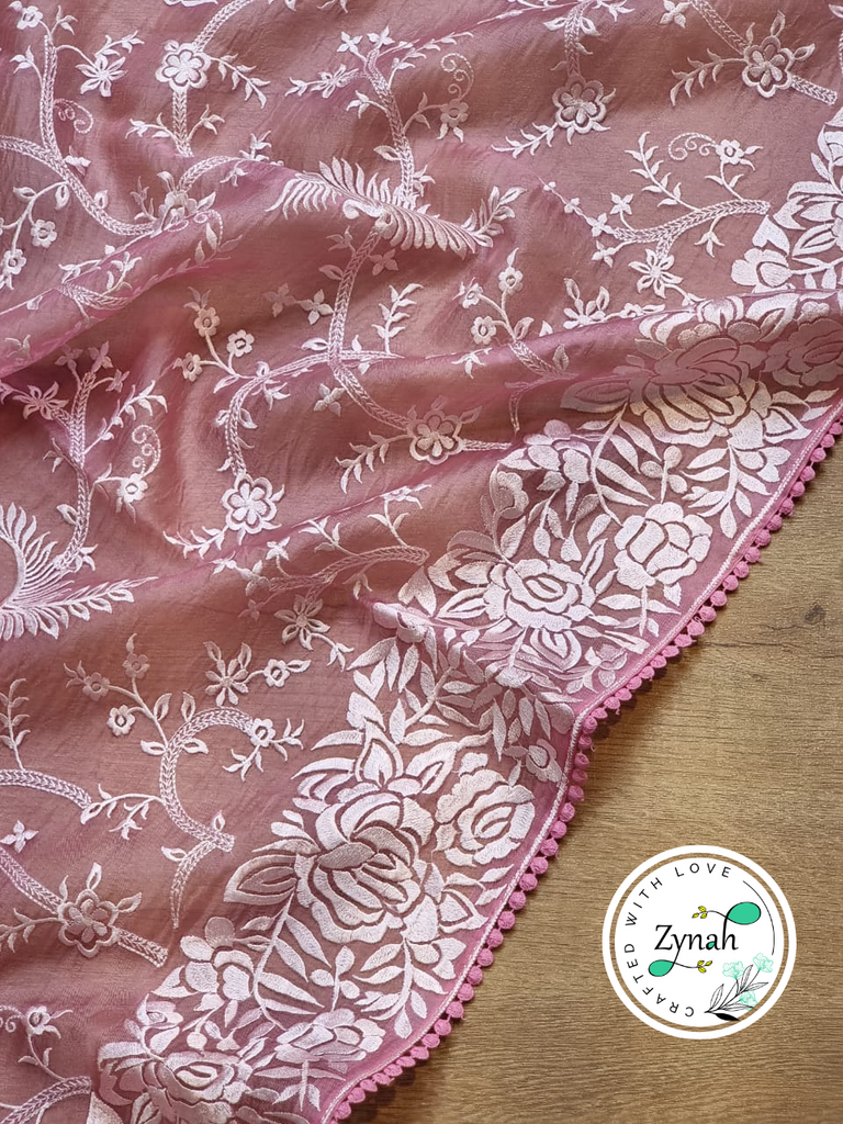 Zynah Pink Color Pure Organza Silk Saree with Parsi Gara Inspired Embroidery & Crochet Lace; Custom Stitched/Ready-made Blouse, Fall, Petticoat; Shipping available USA, Worldwide