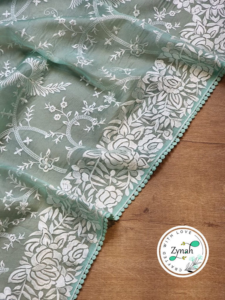 Zynah Turquoise Blue Color Pure Organza Silk Saree with Parsi Gara Inspired Embroidery & Crochet Lace; Custom Stitched/Ready-made Blouse, Fall, Petticoat; Shipping available USA, Worldwide