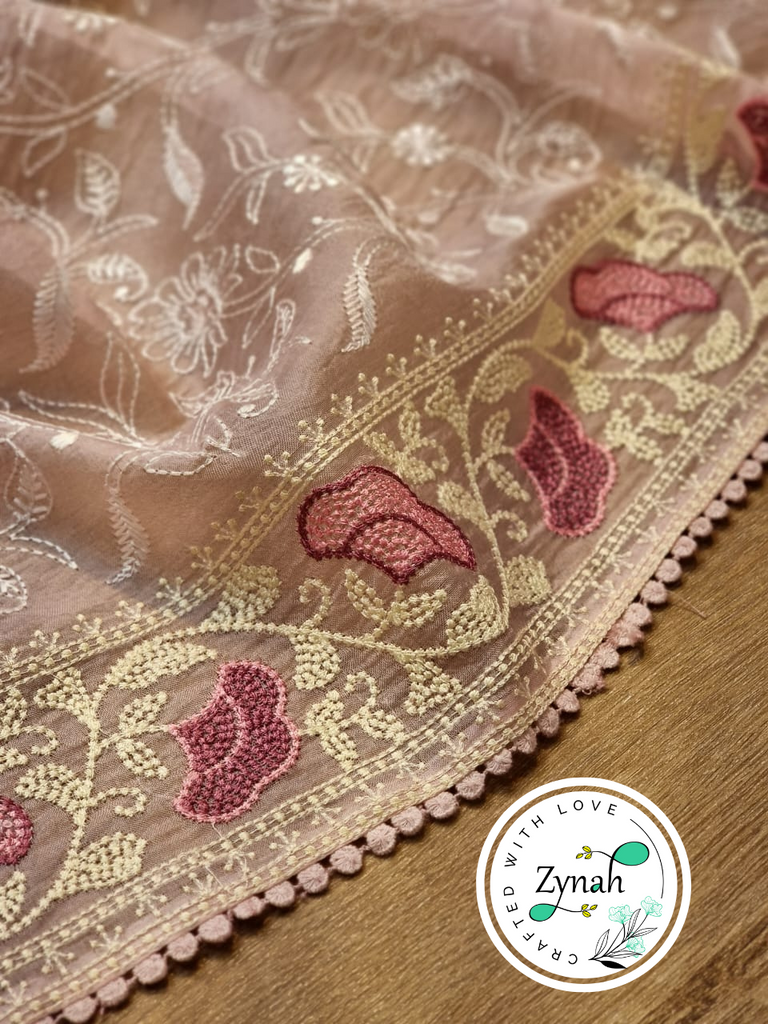 Zynah Peach Color Pure Organza Silk Chikankari  Embroidery Saree with Crochet Lace  in Pastel Shades; Available in many colors; stitched readymade blouse,fall,petticoat,available in USA