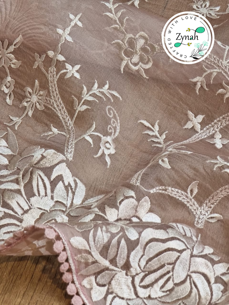 Zynah Baby Pink Color Pure Organza Silk Saree with Parsi Gara Inspired Embroidery & Crochet Lace; Custom Stitched/Ready-made Blouse, Fall, Petticoat; Shipping available USA, Worldwide