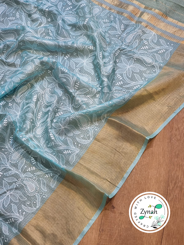 Zynah Sky Blue Color Pure Tussar Kota Silk Saree with Heavy Chikankari Embroidery With Double Ghiccha Pallu and Heavy Tassels; Custom Stitched/Ready-made Blouse, Fall, Petticoat; Shipping available USA, Worldwide