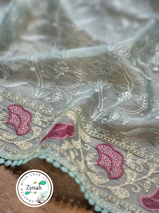 Zynah Teal Color Pure Organza Silk Chikankari Embroidery Saree with Crochet Lace in Pastel Shades; Available in many colors; stitched readymade blouse,fall,petticoat,available in USA
