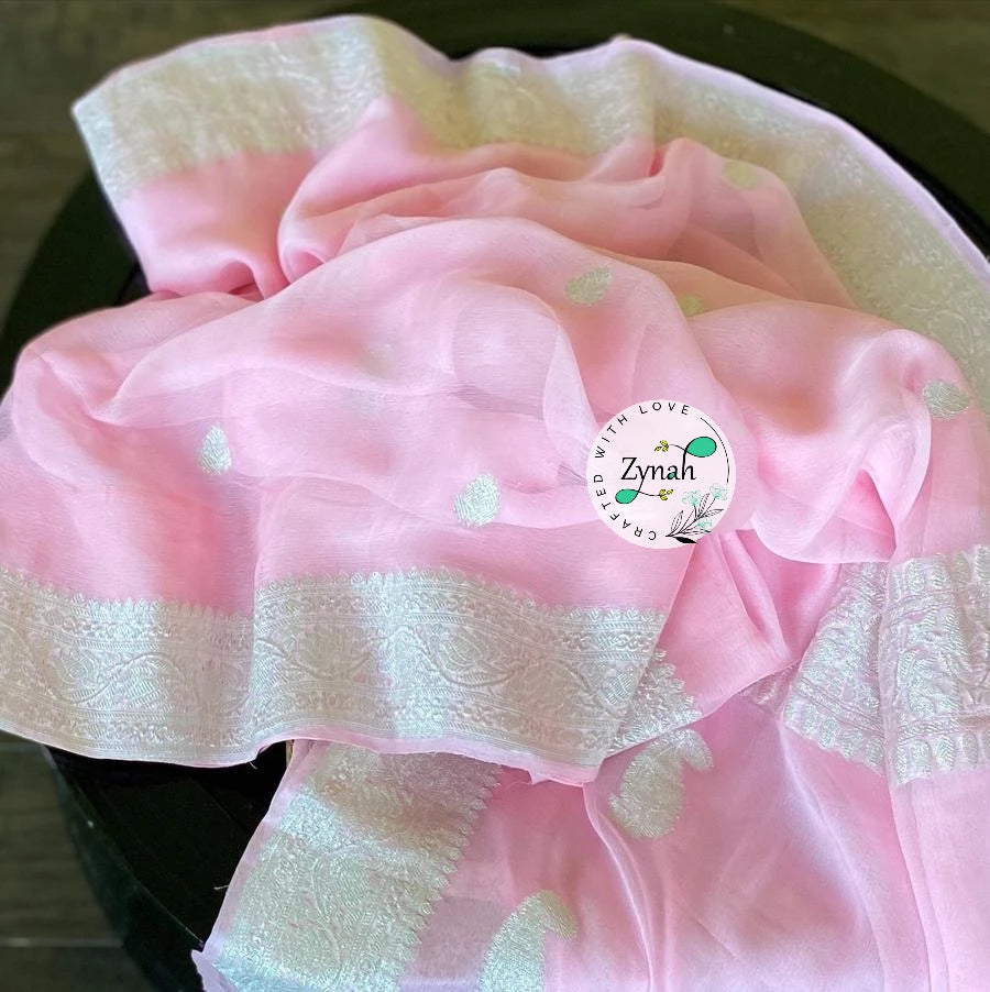 Zynah Pure Banarasi Handloom Khaddi Georgette Saree with Zari Border & Butis; Custom Stitched/Ready-made Blouse, Fall, Petticoat; Shipping available USA, Worldwide