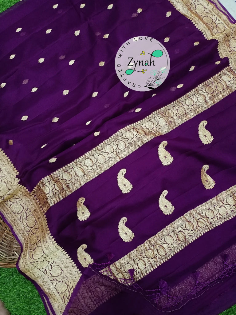 Zynah Pure Banarasi Handloom Khaddi Georgette Saree with Zari Border & Butis; Custom Stitched/Ready-made Blouse, Fall, Petticoat; Shipping available USA, Worldwide