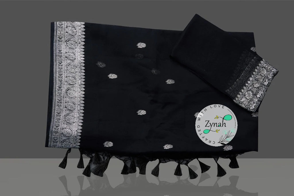 Zynah Pure Banarasi Handloom Khaddi Georgette Saree with Zari Border & Butis; Custom Stitched/Ready-made Blouse, Fall, Petticoat; Shipping available USA, Worldwide