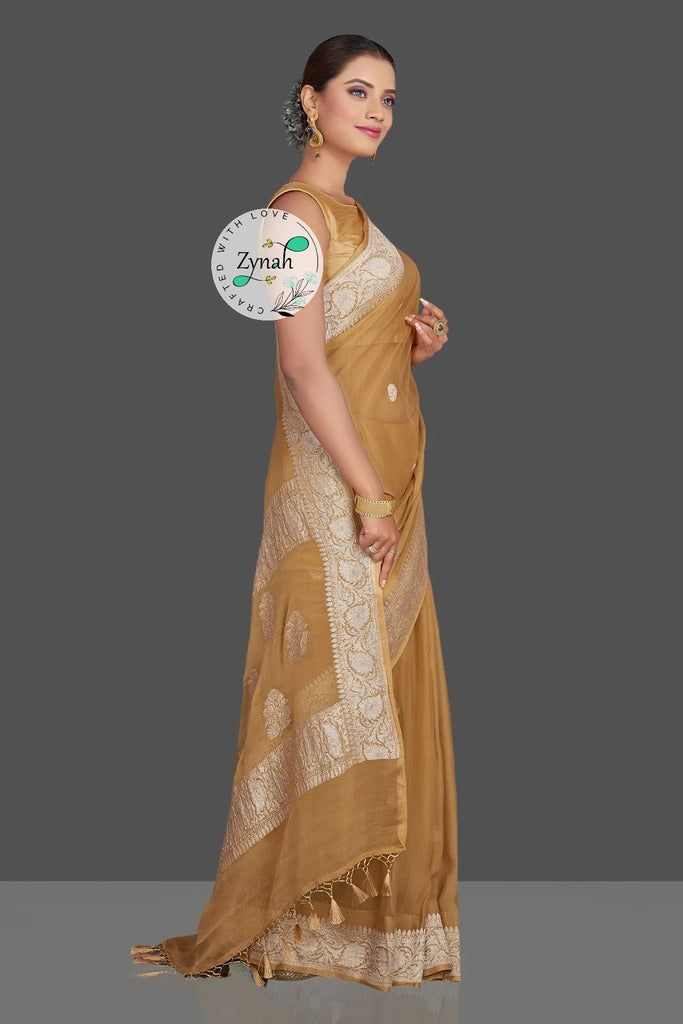 Zynah Pure Banarasi Handloom Khaddi Georgette Saree with Zari Border & Butis; Custom Stitched/Ready-made Blouse, Fall, Petticoat; Shipping available USA, Worldwide