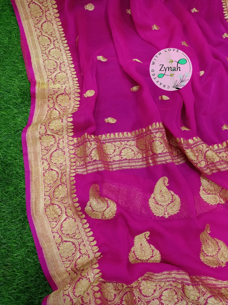 Zynah Pure Banarasi Handloom Khaddi Georgette Saree with Zari Border & Butis; Custom Stitched/Ready-made Blouse, Fall, Petticoat; Shipping available USA, Worldwide