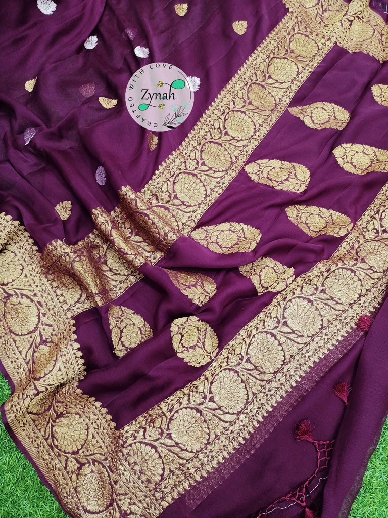 Zynah Pure Banarasi Handloom Khaddi Georgette Saree with Zari Border & Butis; Custom Stitched/Ready-made Blouse, Fall, Petticoat; Shipping available USA, Worldwide