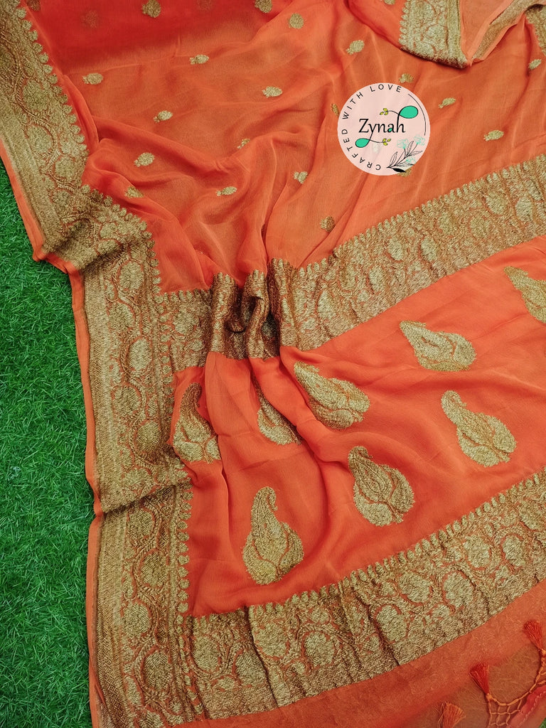 Zynah Pure Banarasi Handloom Khaddi Georgette Saree with Zari Border & Butis; Custom Stitched/Ready-made Blouse, Fall, Petticoat; Shipping available USA, Worldwide