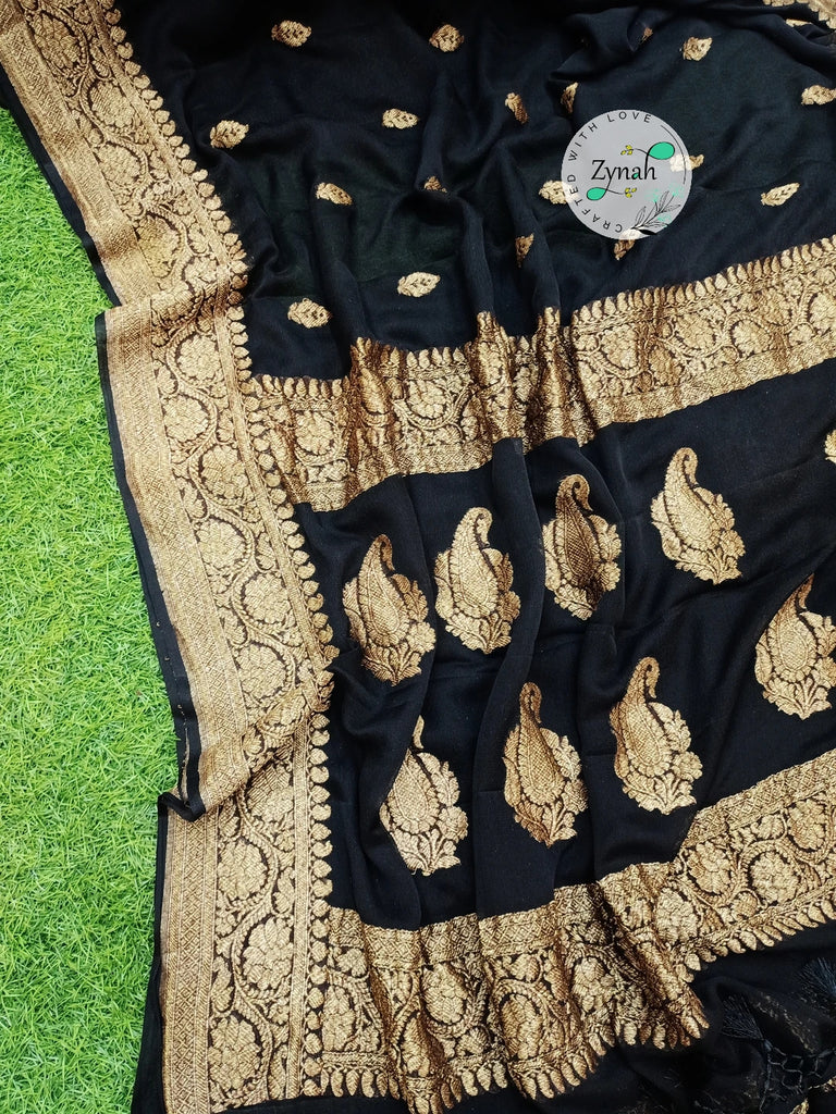 Zynah Pure Banarasi Handloom Khaddi Georgette Saree with Zari Border & Butis; Custom Stitched/Ready-made Blouse, Fall, Petticoat; Shipping available USA, Worldwide