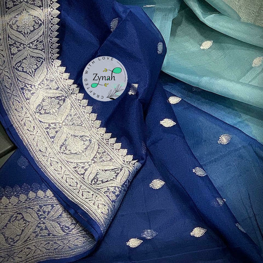 Zynah Pure Banarasi Handloom Khaddi Georgette Double-shaded Saree with Zari Weave; Custom Stitched/Ready-made Blouse, Fall, Petticoat; Shipping available USA, Worldwide