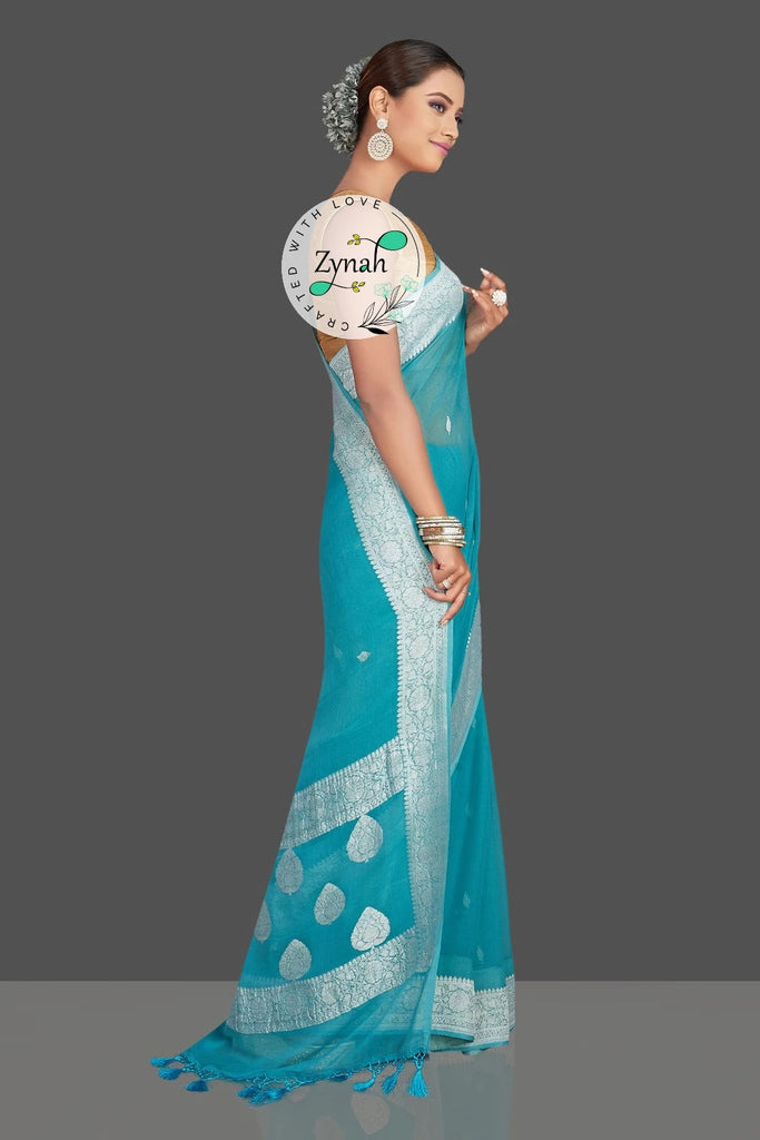 Zynah Pure Banarasi Handloom Khaddi Georgette Saree with Zari Border & Butis; Custom Stitched/Ready-made Blouse, Fall, Petticoat; Shipping available USA, Worldwide