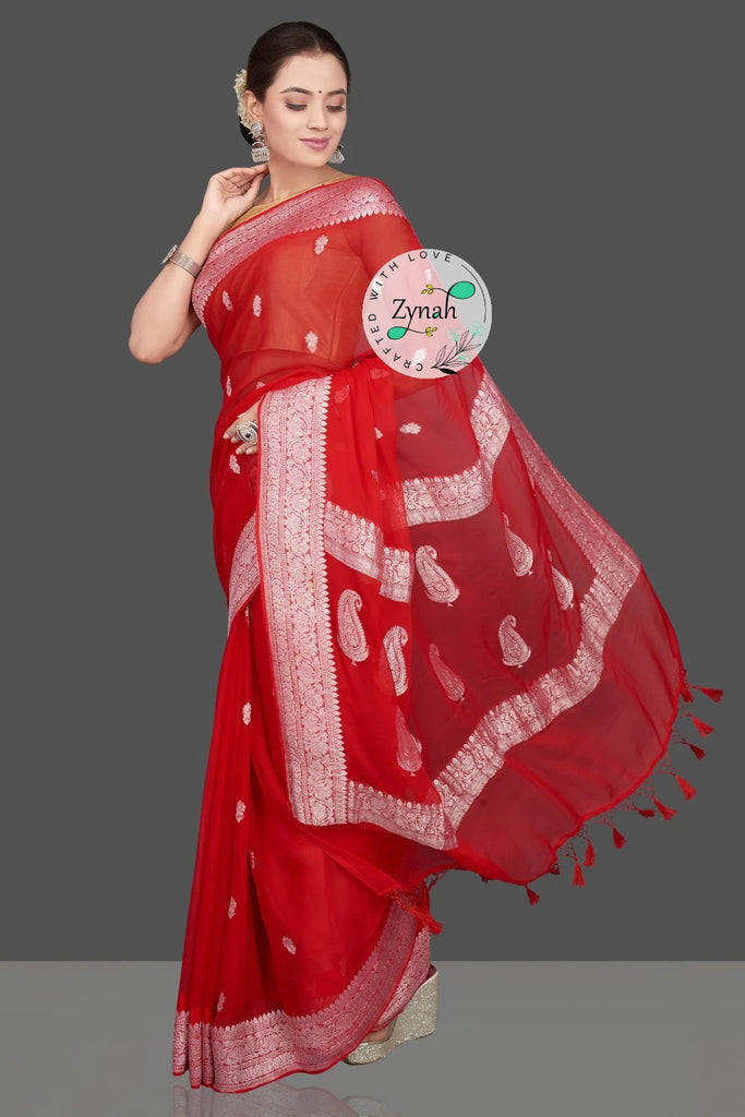 Zynah Pure Banarasi Handloom Khaddi Georgette Saree with Zari Border & Butis; Custom Stitched/Ready-made Blouse, Fall, Petticoat; Shipping available USA, Worldwide