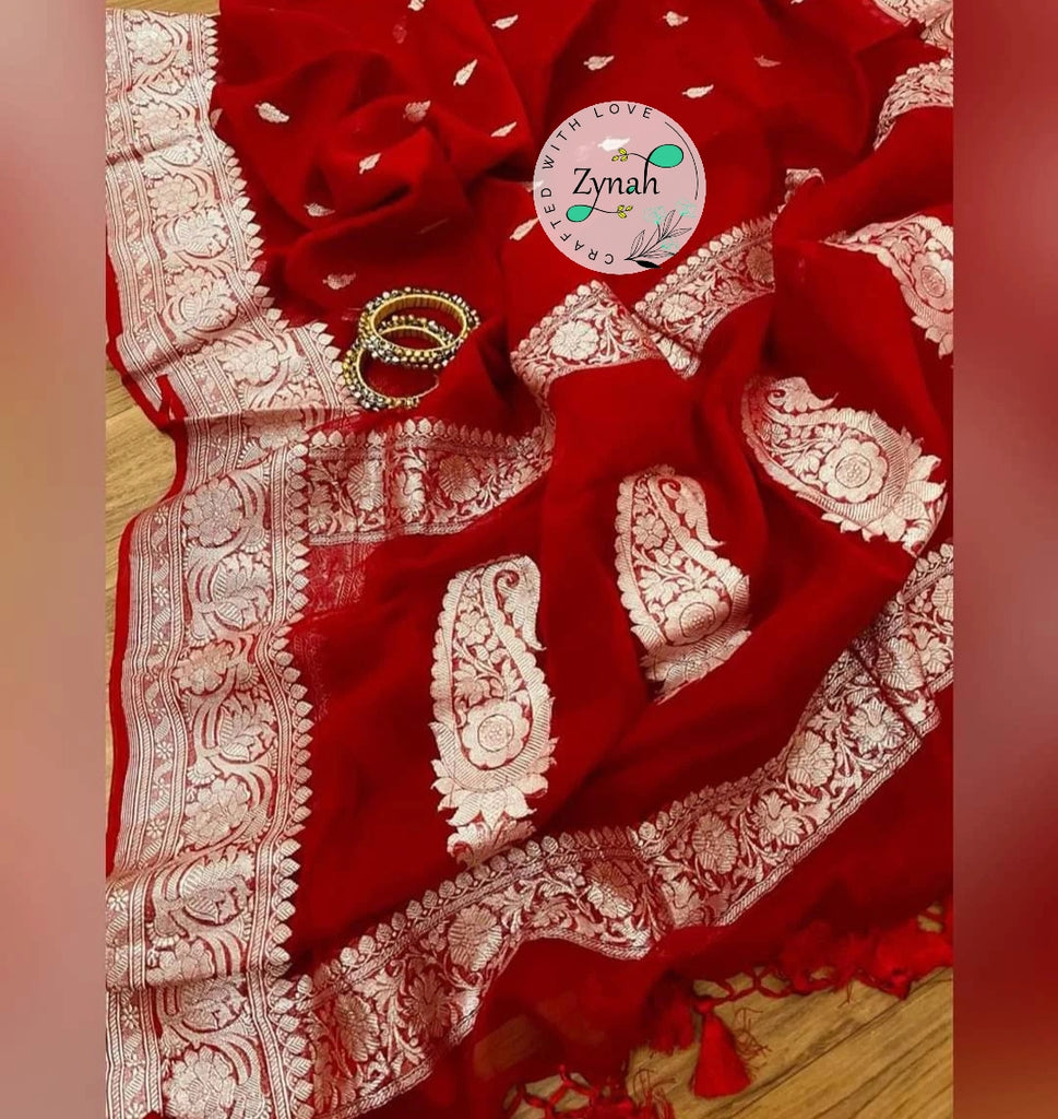 Zynah Pure Banarasi Handloom Khaddi Georgette Saree with Zari Border & Butis; Custom Stitched/Ready-made Blouse, Fall, Petticoat; Shipping available USA, Worldwide