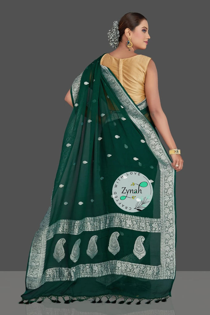 Zynah Pure Banarasi Handloom Khaddi Georgette Saree with Zari Border & Butis; Custom Stitched/Ready-made Blouse, Fall, Petticoat; Shipping available USA, Worldwide