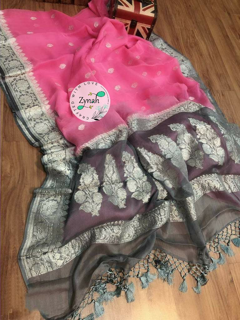 Zynah Pure Banarasi Handloom Khaddi Georgette Saree with Zari Weave; Custom Stitched/Ready-made Blouse, Fall, Petticoat; Shipping available USA, Worldwide