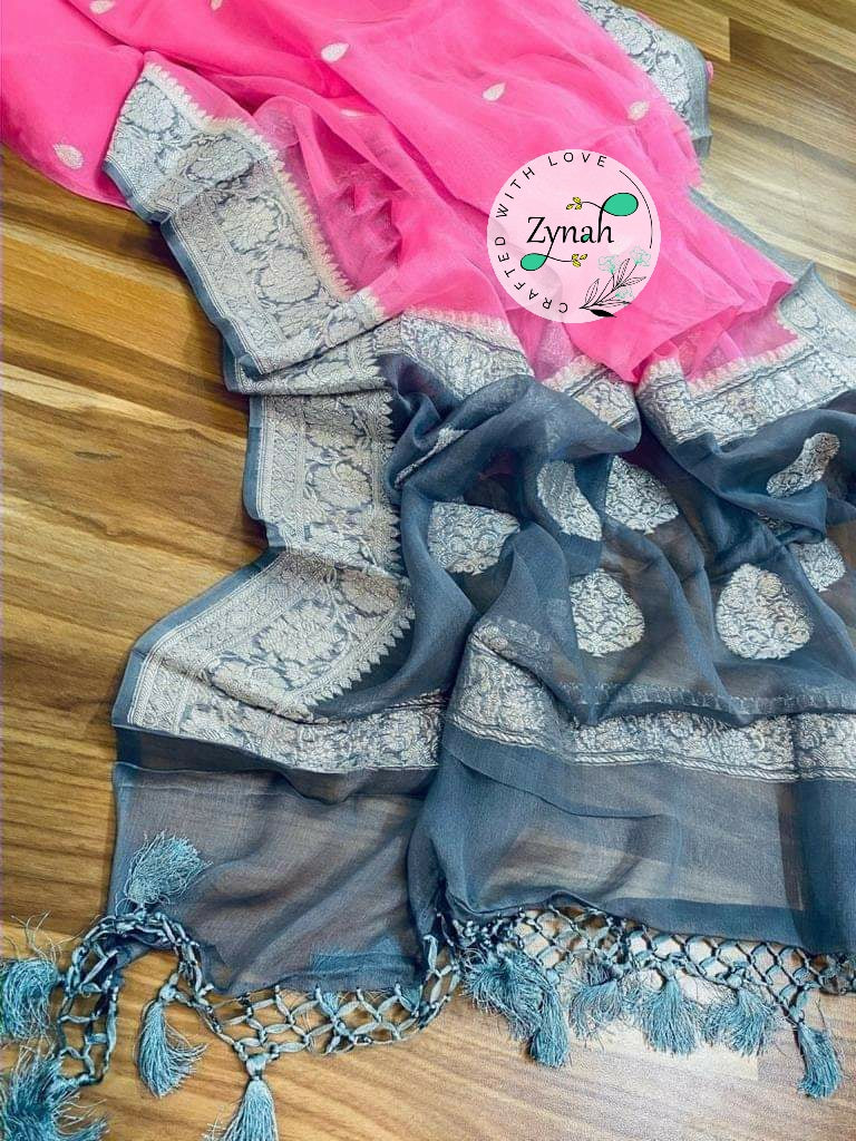 Zynah Pure Banarasi Handloom Khaddi Georgette Saree with Zari Weave; Custom Stitched/Ready-made Blouse, Fall, Petticoat; Shipping available USA, Worldwide