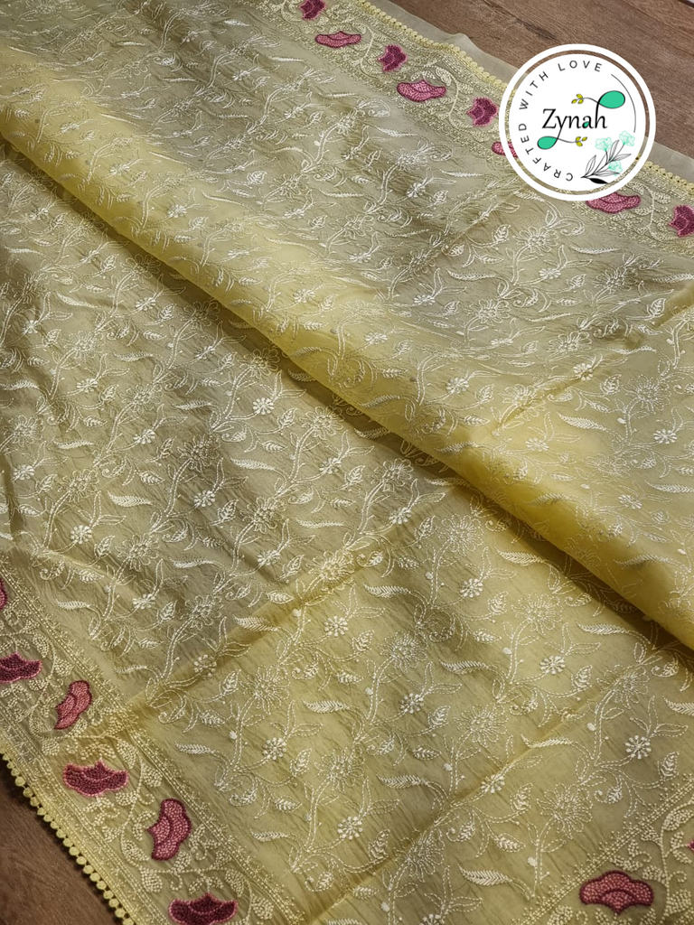 Zynah Yellow Color Pure Organza Silk Chikankari  Embroidery Saree with Crochet Lace  in Pastel Shades; Available in many colors; stitched readymade blouse,fall,petticoat,available in USA